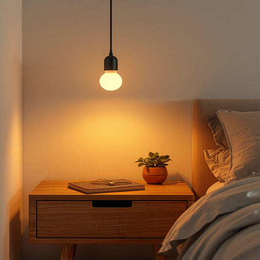 Bedroom scene with a nightstand, plant, and hanging light bulb casting a warm glow.