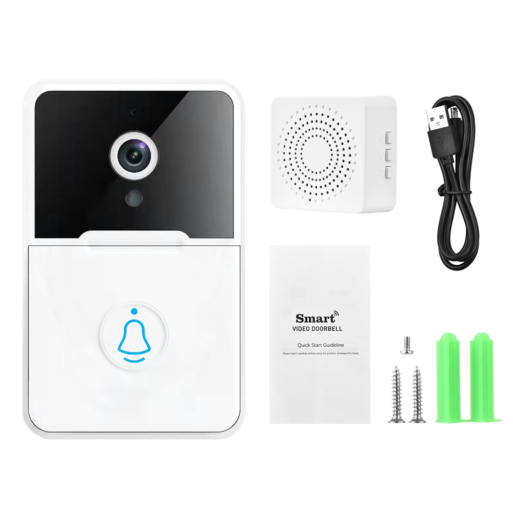 Smart WiFi Video Doorbell complete kit – main unit, chime, USB cable, manual and accessories