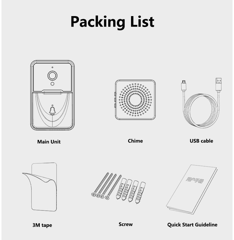 Smart WiFi Video Doorbell packing list – main unit, chime, USB cable, 3M tape, screws and quick start guide