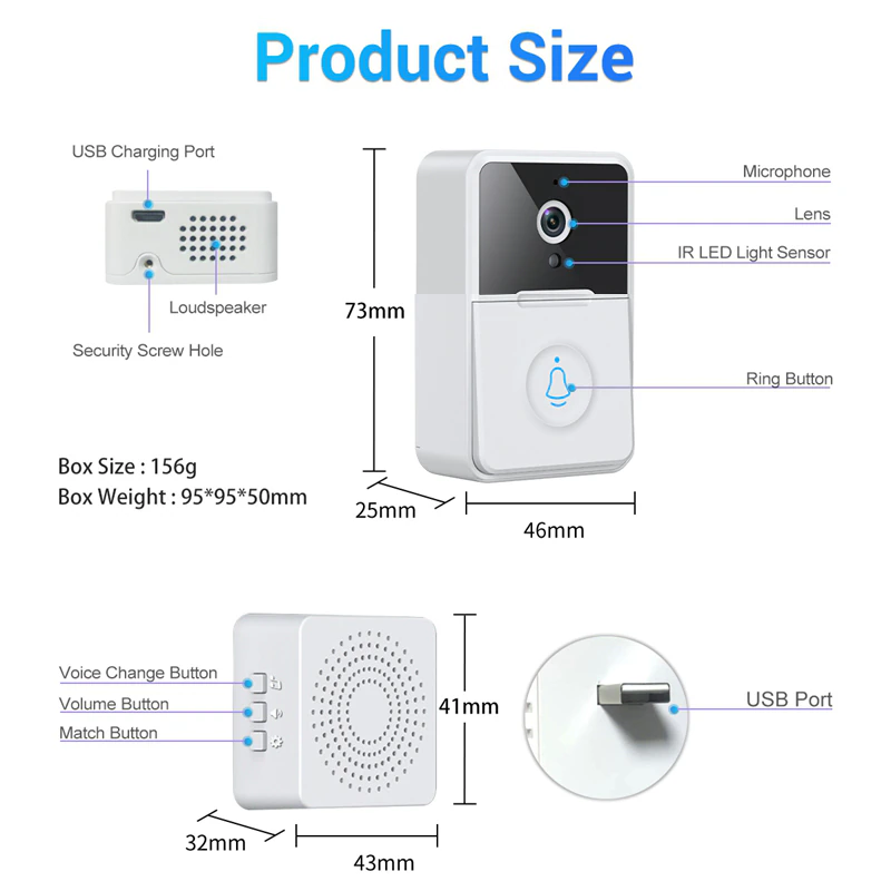 Smart WiFi Video Doorbell product size dimensions diagram with measurements