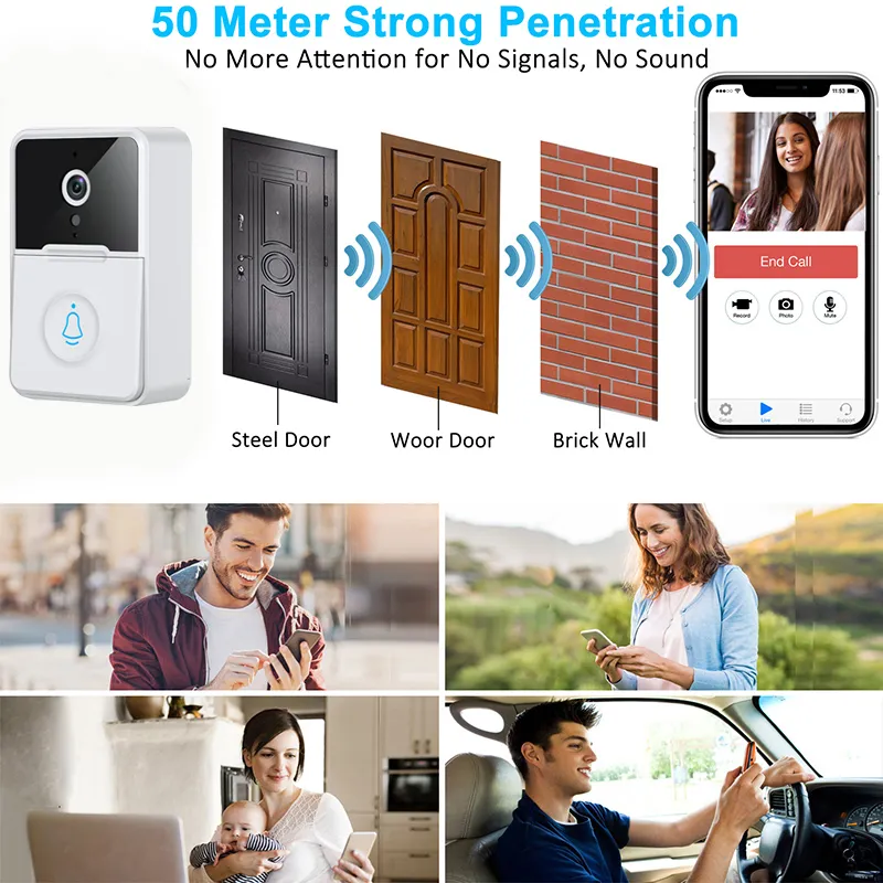 Smart WiFi Video Doorbell 50-meter signal range penetrating steel doors, wood doors and brick walls