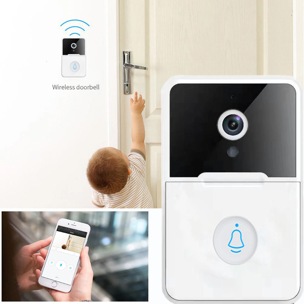Smart WiFi Video Doorbell installed on front door with wireless chime and mobile app