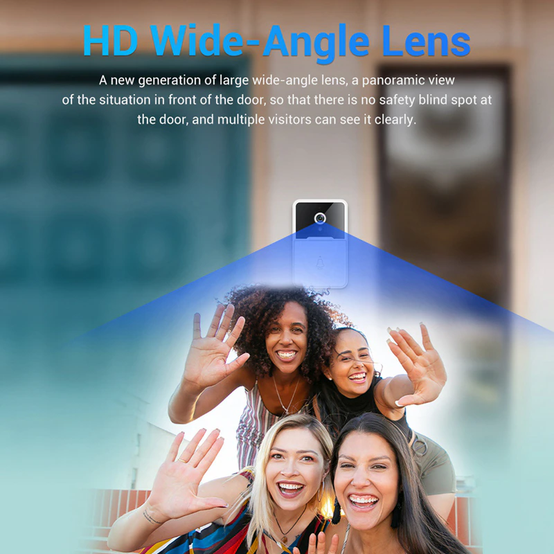 Smart WiFi Video Doorbell HD wide-angle lens capturing multiple visitors at the door