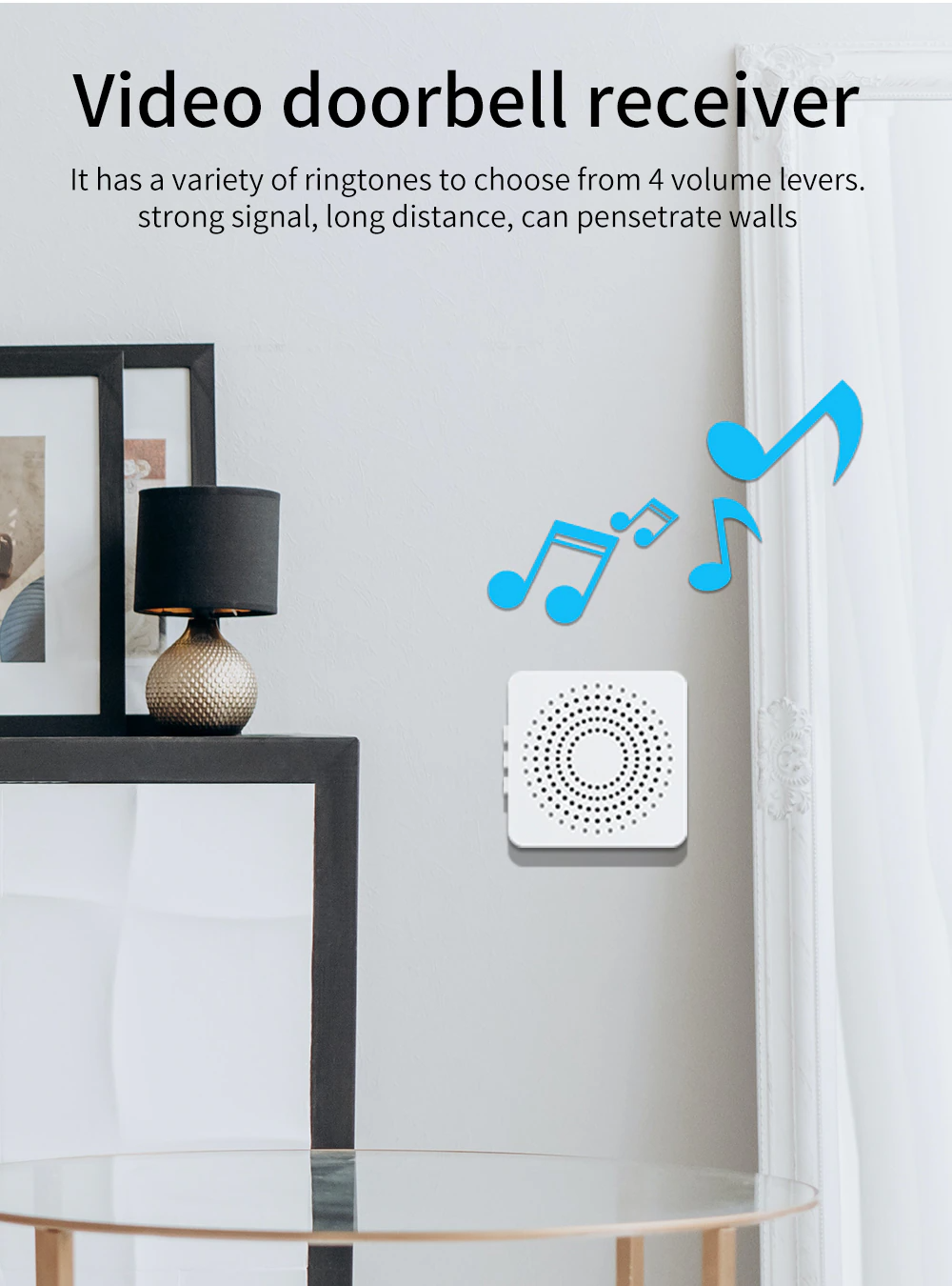 Smart WiFi Video Doorbell indoor chime receiver with multiple ringtones and 4 volume levels