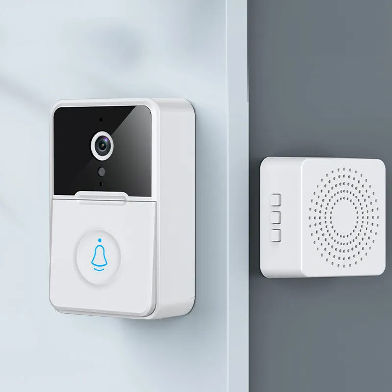 Smart WiFi Video Doorbell with indoor chime receiver mounted on wall